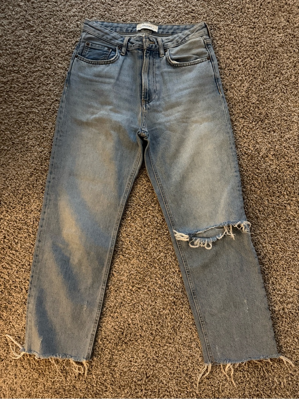 High-Waist Distressed Straight Leg Jeans - Light Blue Zara Woman